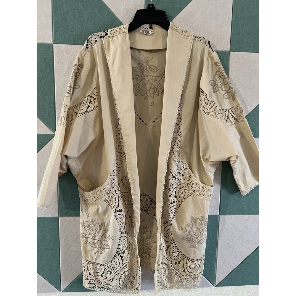 Vtg Ivory Crochet Embroidered Top Antique Look Shabby Chic Cottage 100% Cotton M